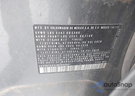 2018 Volkswagen Tiguan 2.0T Se/2.0T Sel from USA, damaged, VIN 3VV3B7AX3JM068594